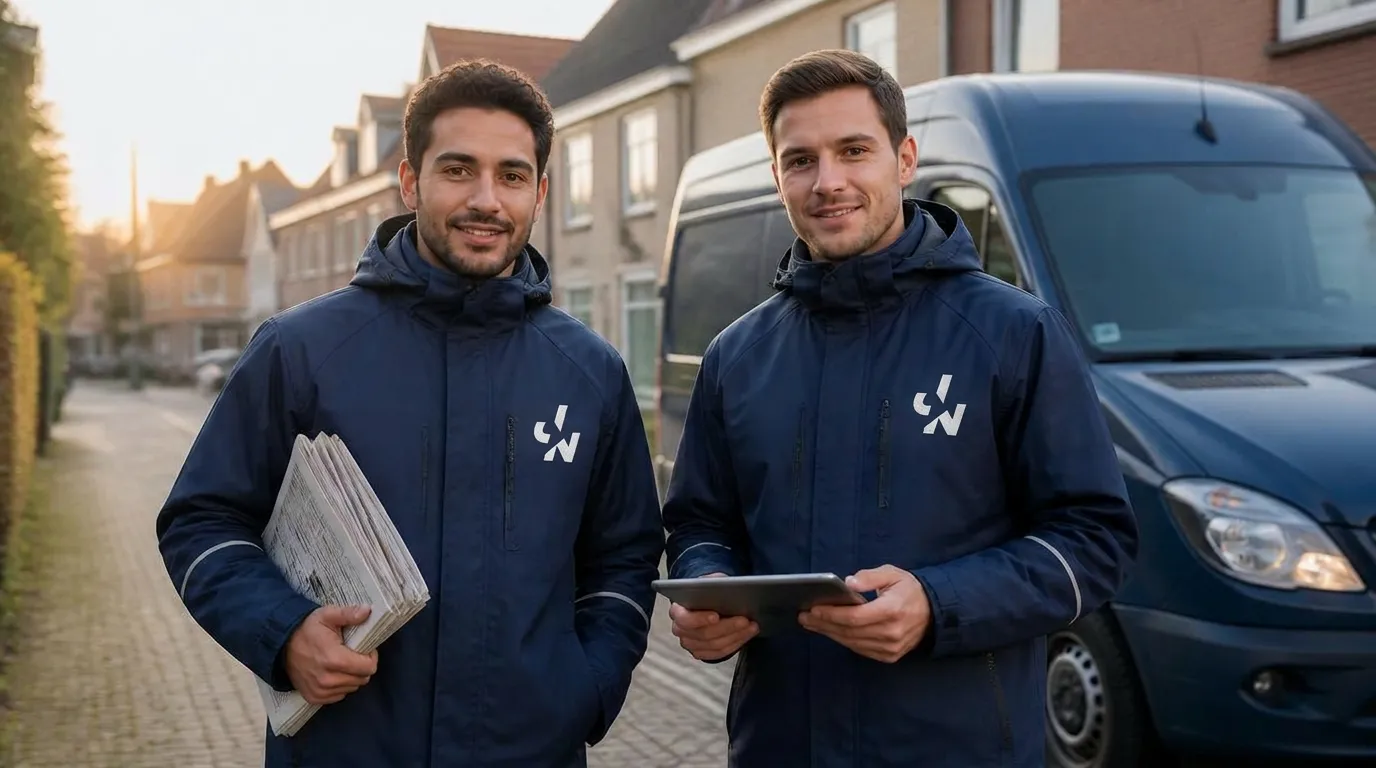 Twee JoNets bezorgers in uniform met het JoNets logo op hun jas